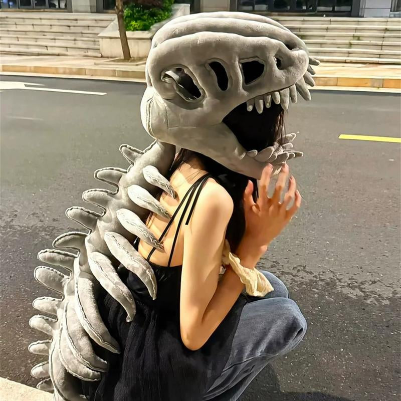 Halloween Dinosaur Skeleton Costume Headpiece, Funny Role Play Plush Toy, Soft Stuffed Dinosaur, Creative Prank Gift for Girlfriend, Kids, Family & Friends