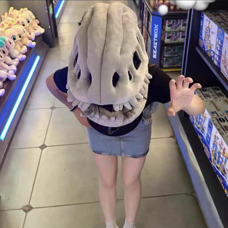 Halloween Dinosaur Skeleton Costume Headpiece, Funny Role Play Plush Toy, Soft Stuffed Dinosaur, Creative Prank Gift for Girlfriend, Kids, Family & Friends