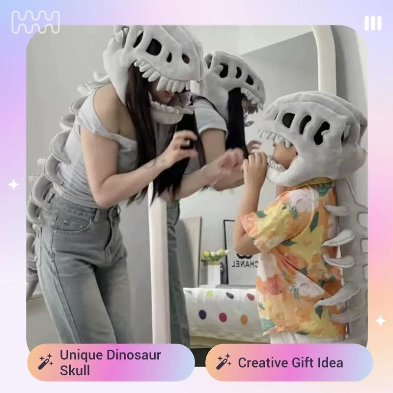 Halloween Dinosaur Skeleton Costume Headpiece, Funny Role Play Plush Toy, Soft Stuffed Dinosaur, Creative Prank Gift for Girlfriend, Kids, Family & Friends