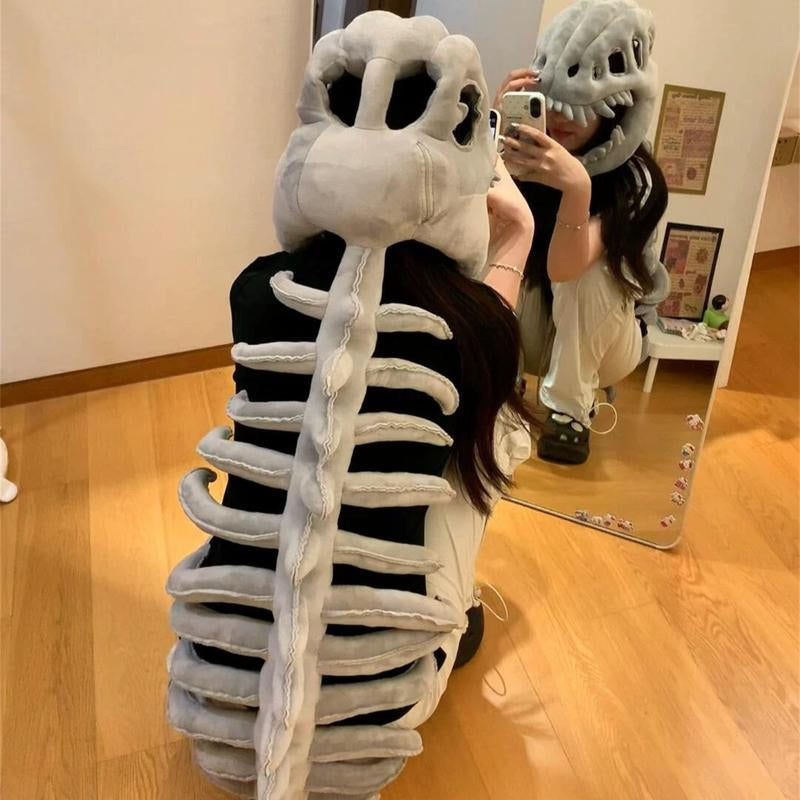 Halloween Dinosaur Skeleton Costume Headpiece, Funny Role Play Plush Toy, Soft Stuffed Dinosaur, Creative Prank Gift for Girlfriend, Kids, Family & Friends
